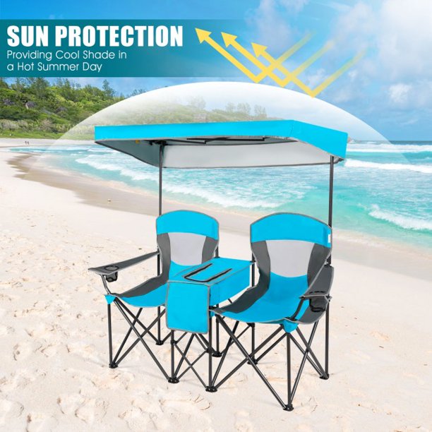 Portable Folding Camping Canopy Chairs 2 Seat Chair with Cup Holder and Tent