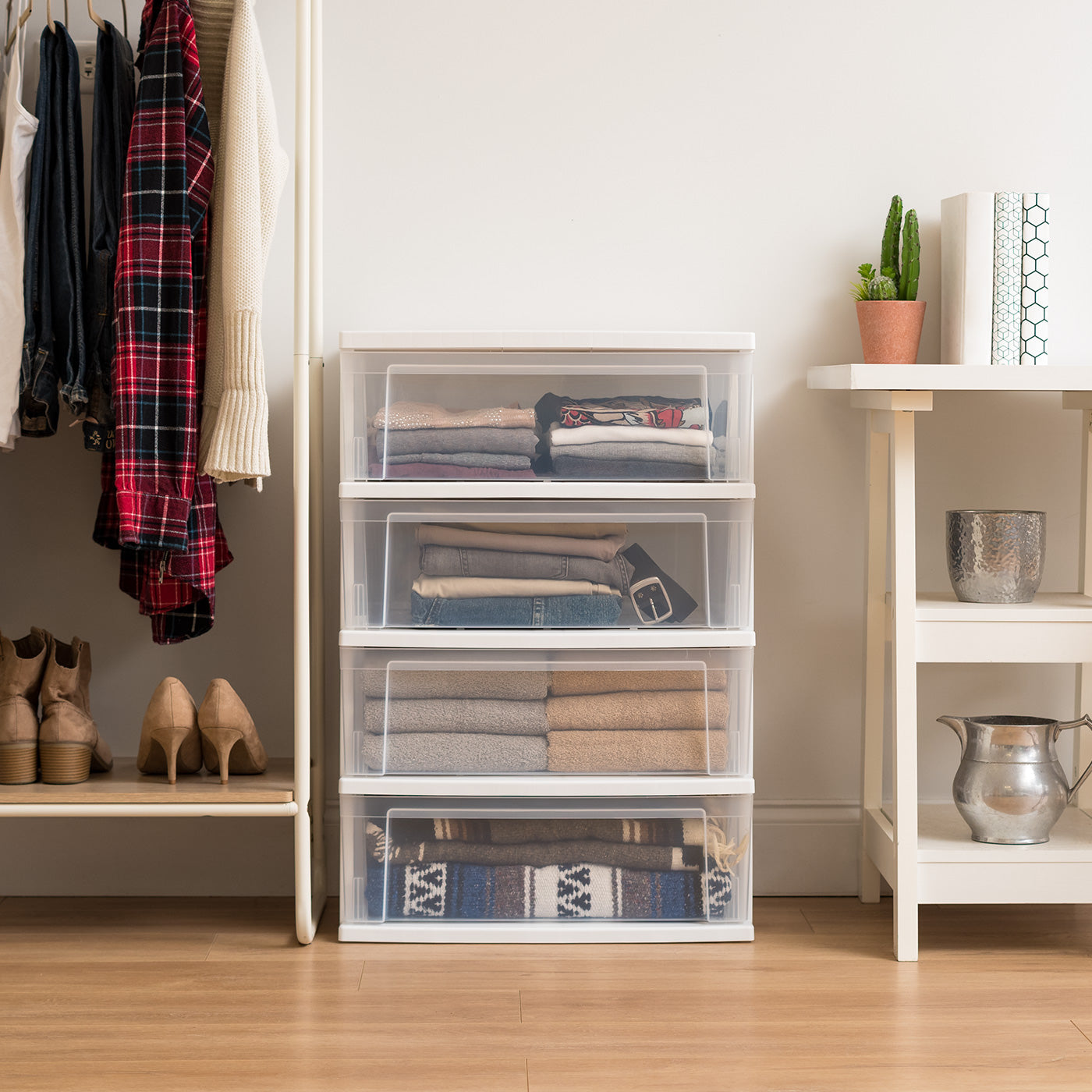 4 Drawer Wide Plastic Storage Tower, White/Clear