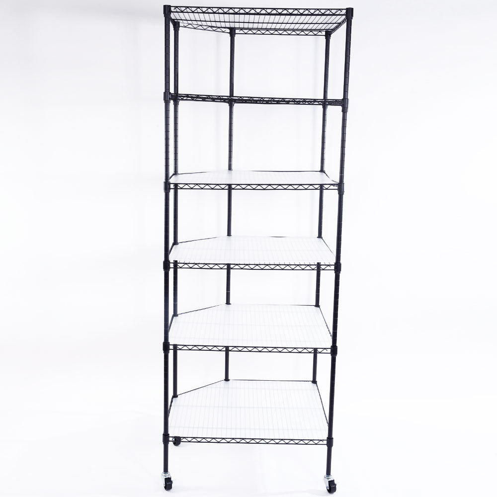 6-Layer Plastic Coated Polygonal Corner Shelf with 2 in PP Wheels 680*680*1800 Black