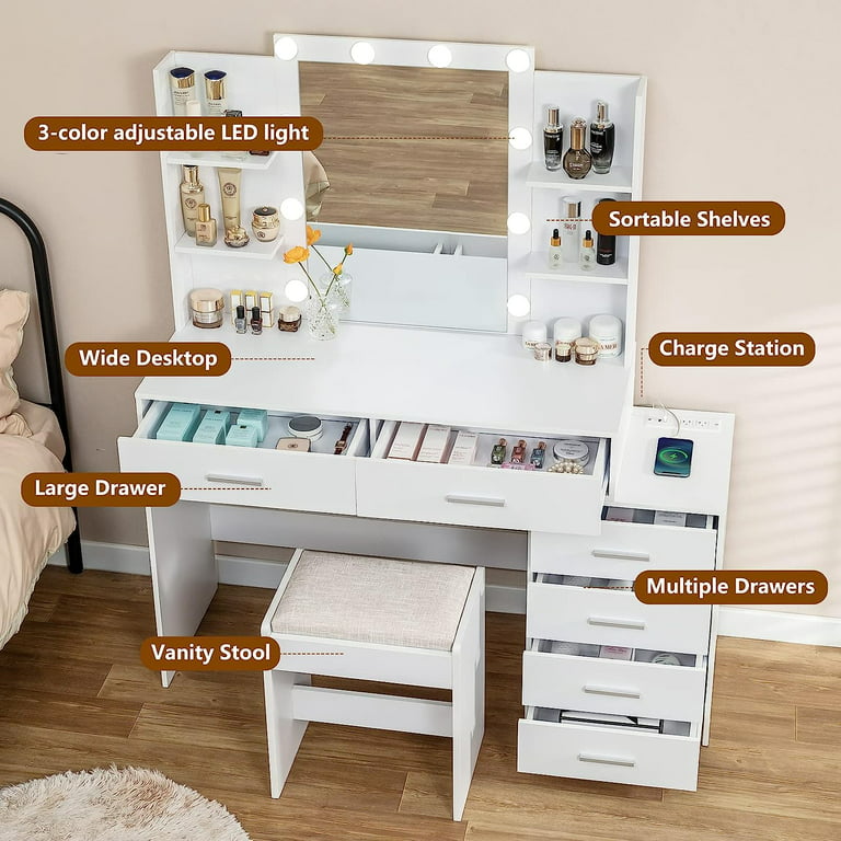 Makeup Vanity Desk with Mirror, White Vanity Table
