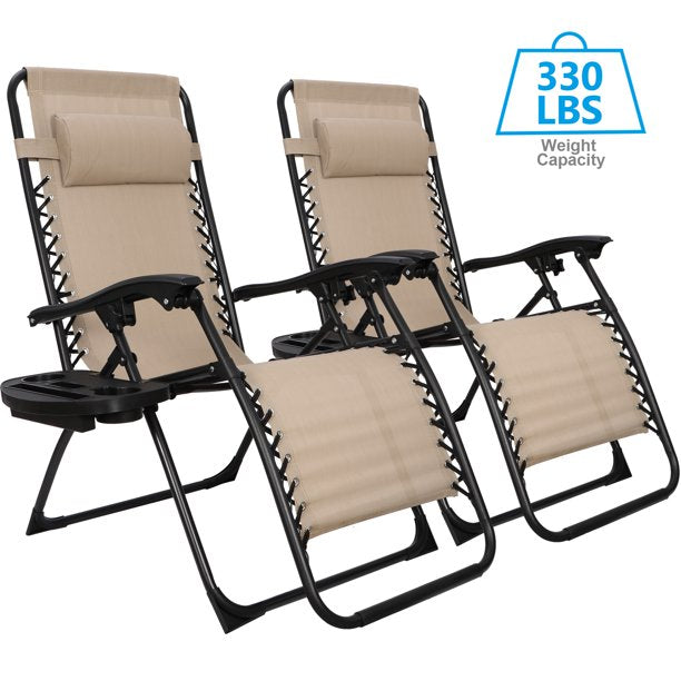 SUGIFT Set of 2 Adjustable Zero Gravity Lounge Reclining Chairs, W/ Cup Holder Tray & Pillow, Foldable, MAX 330LBs, 2PCS, Beige