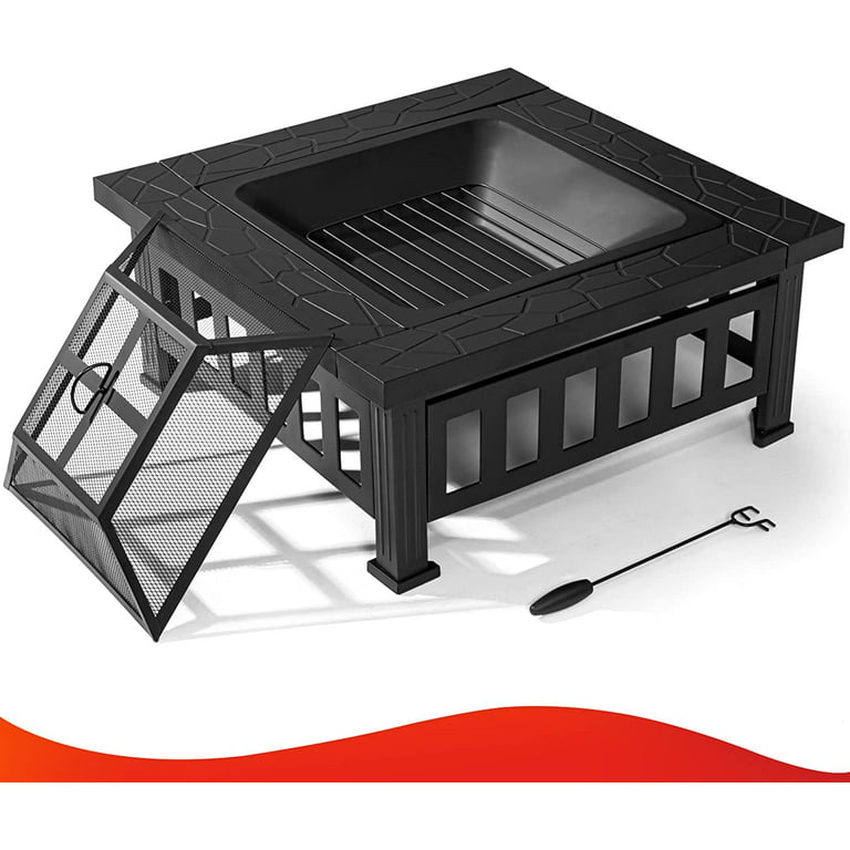 32 Inch Fire Pit Table for Outside Square Metal Firepit for Patio Backyard Garden