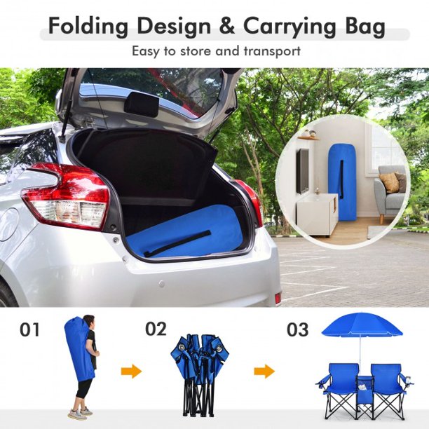 Portable Folding Double Chair With Umbrella Picnic Fishing Camping Beach