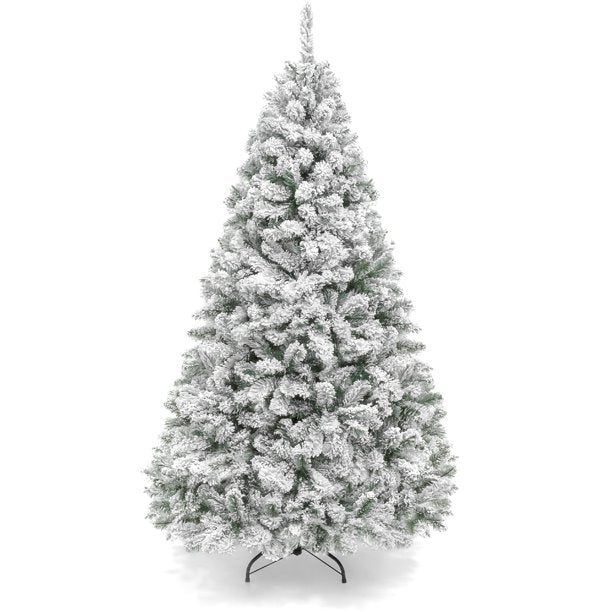 SUGIFT 7.5ft Snow Flocked Christmas Tree, Premium Holiday Pine Branches, Foldable Metal Base