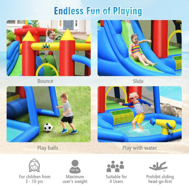 Inflatable Bounce House, Bouncer with Water Slide Splash Pool without Blower