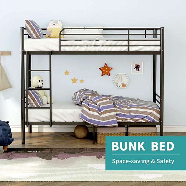 SUGIFT Metal Bunk Bed Twin Over Twin, Heavy Duty Bed Frames with Safety Guard Rails, Metal Slats for Kids, Teens, Adults, No Box Spring Needed Black