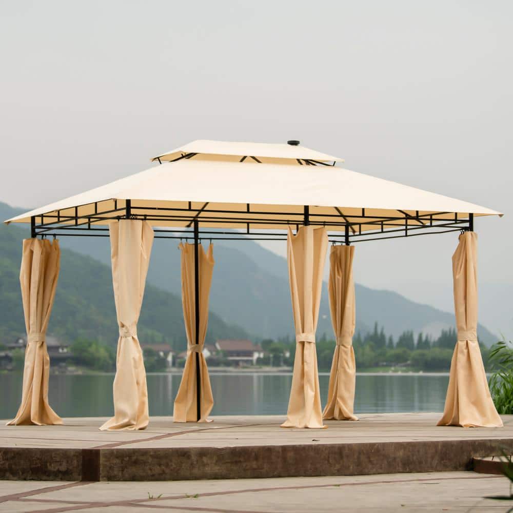 10 ft. x 13 ft. Beige 2-Tier Steel Outdoor Garden Gazebo with Vented Soft Top Canopy and Removable Curtains
