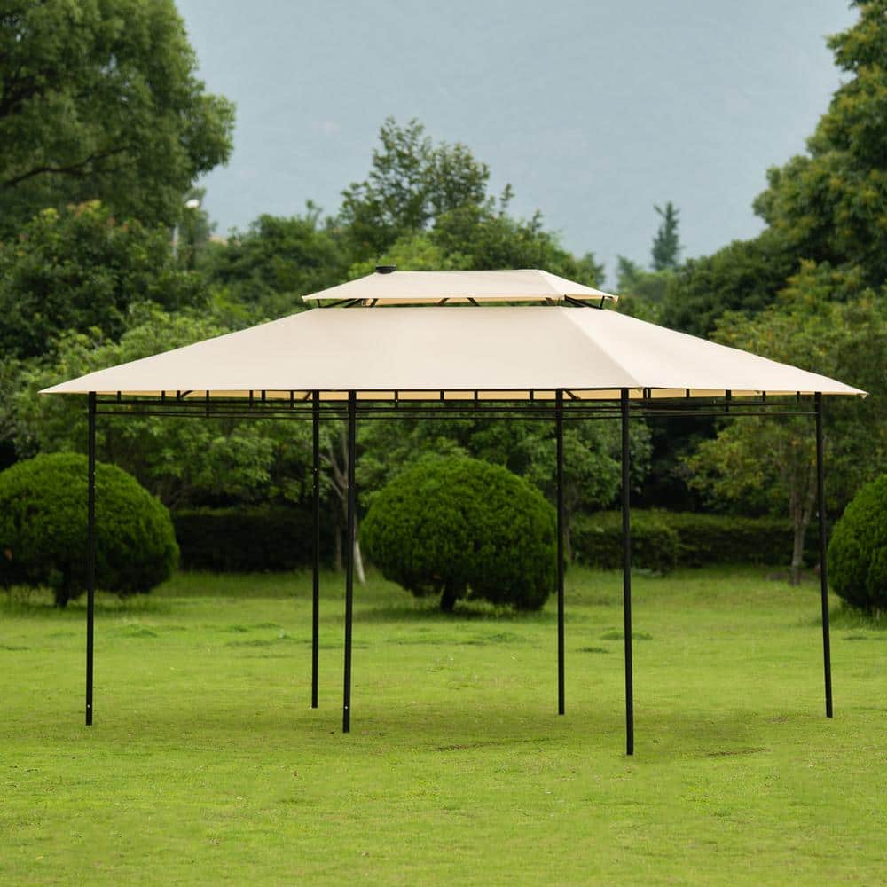 10 ft. x 13 ft. Beige 2-Tier Steel Outdoor Garden Gazebo with Vented Soft Top Canopy and Removable Curtains