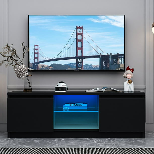 SKONYON Modern LED TV Stand Wood for TVs up to 55", Black