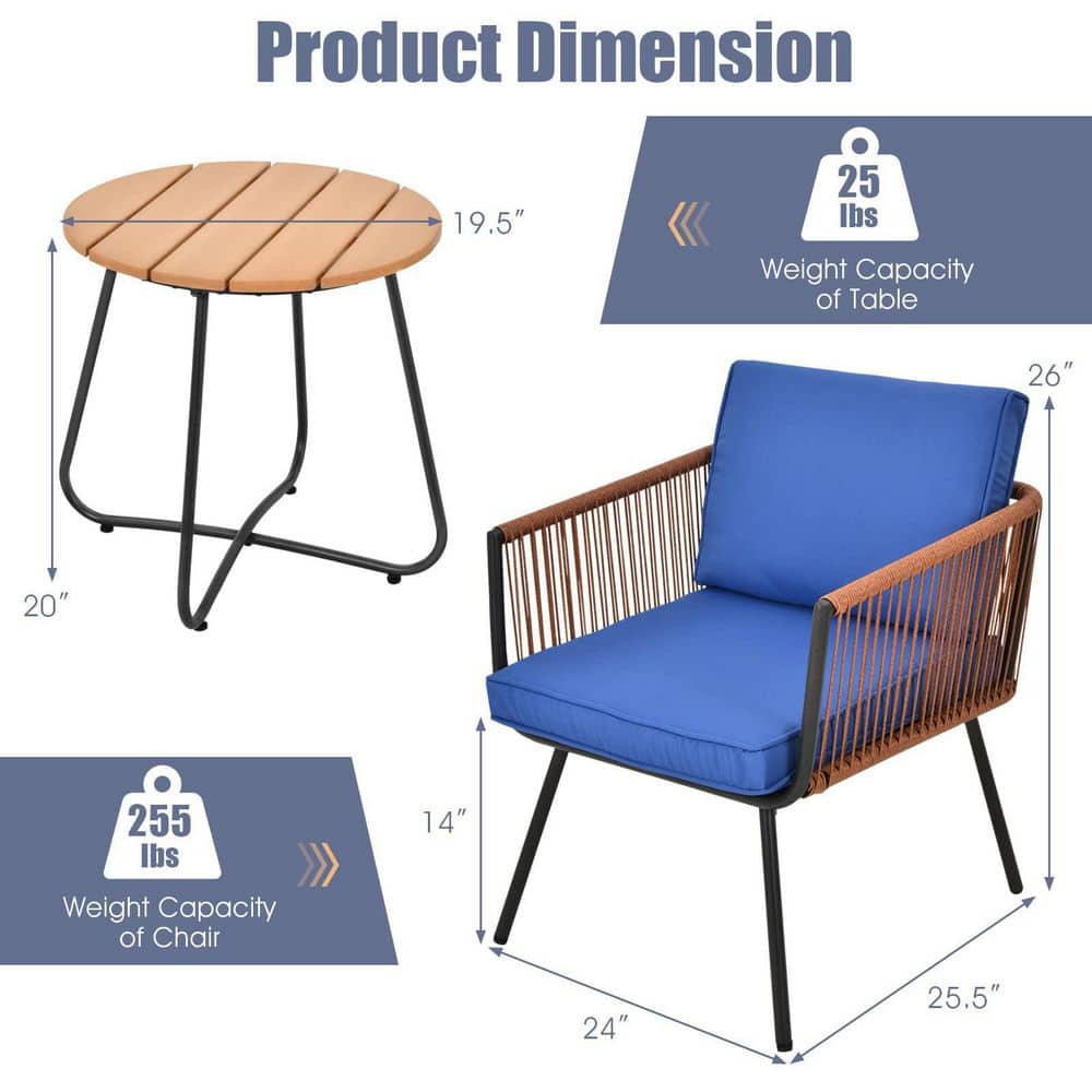 Brown 3-Piece Wicker Outdoor Bistro Set with Blue Cushions