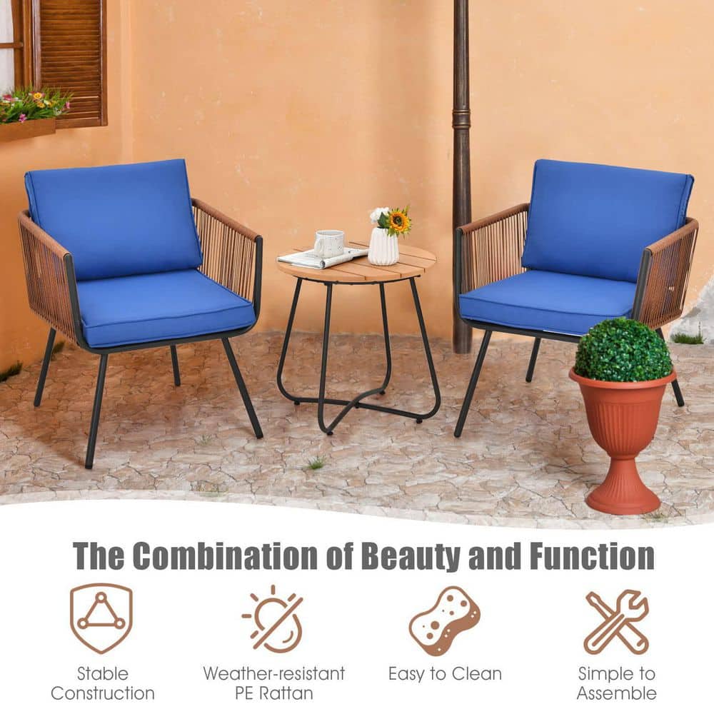 Brown 3-Piece Wicker Outdoor Bistro Set with Blue Cushions