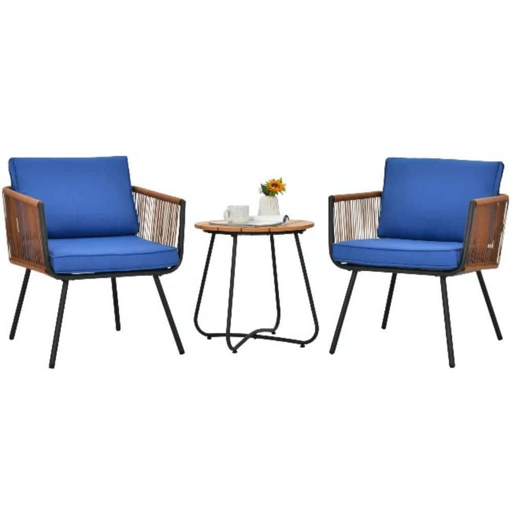 Brown 3-Piece Wicker Outdoor Bistro Set with Blue Cushions