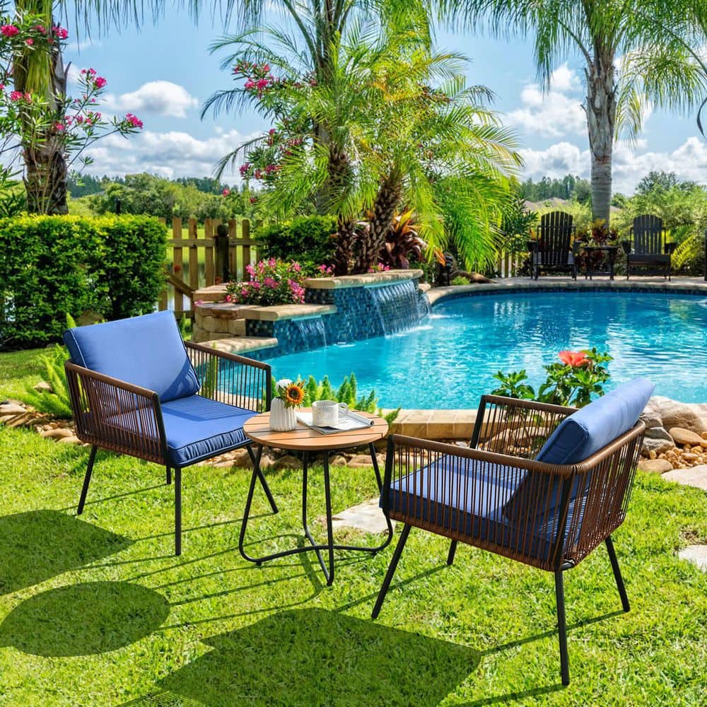 Brown 3-Piece Wicker Outdoor Bistro Set with Blue Cushions