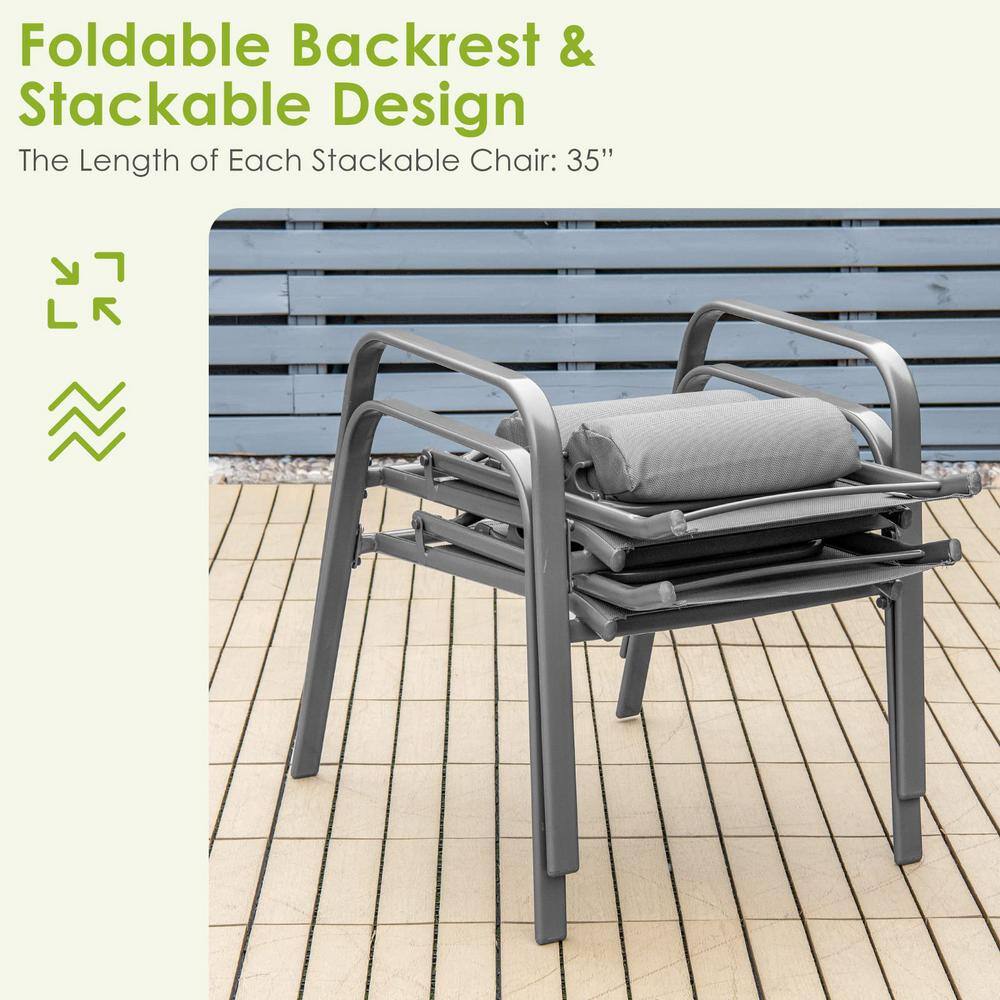Gray 3-Piece Metal Outdoor Bistro Set with Adjustable Backrest and Gray Pillows