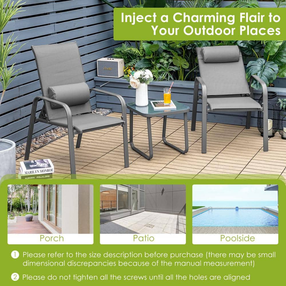 Gray 3-Piece Metal Outdoor Bistro Set with Adjustable Backrest and Gray Pillows