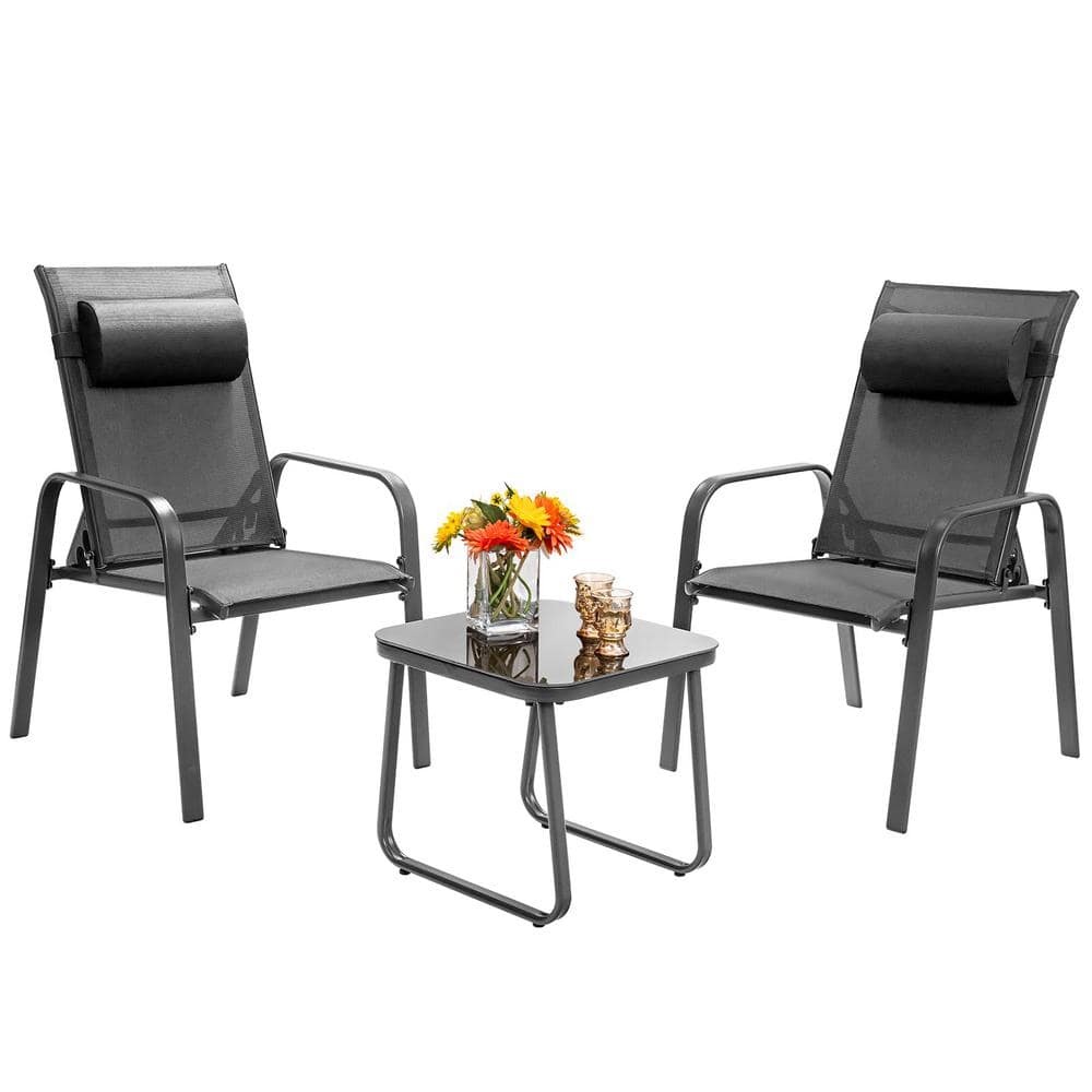 Gray 3-Piece Metal Outdoor Bistro Set with Adjustable Backrest and Gray Pillows