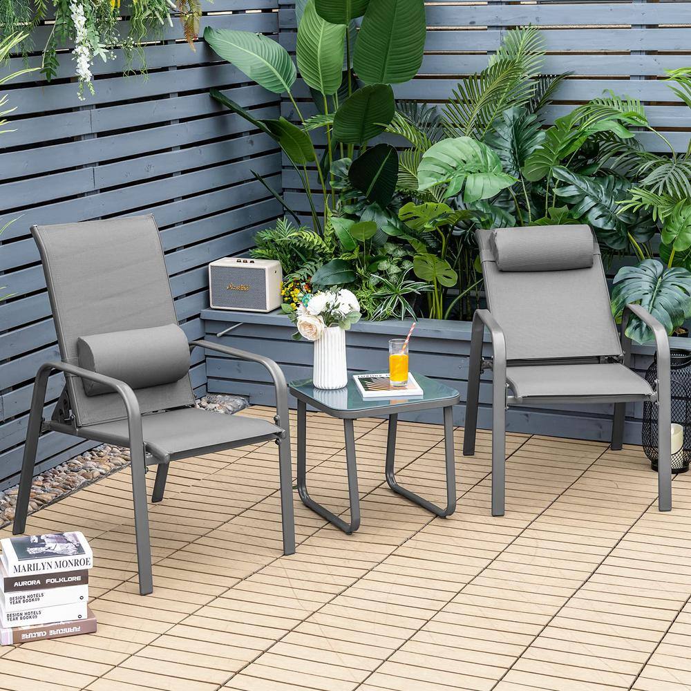 Gray 3-Piece Metal Outdoor Bistro Set with Adjustable Backrest and Gray Pillows
