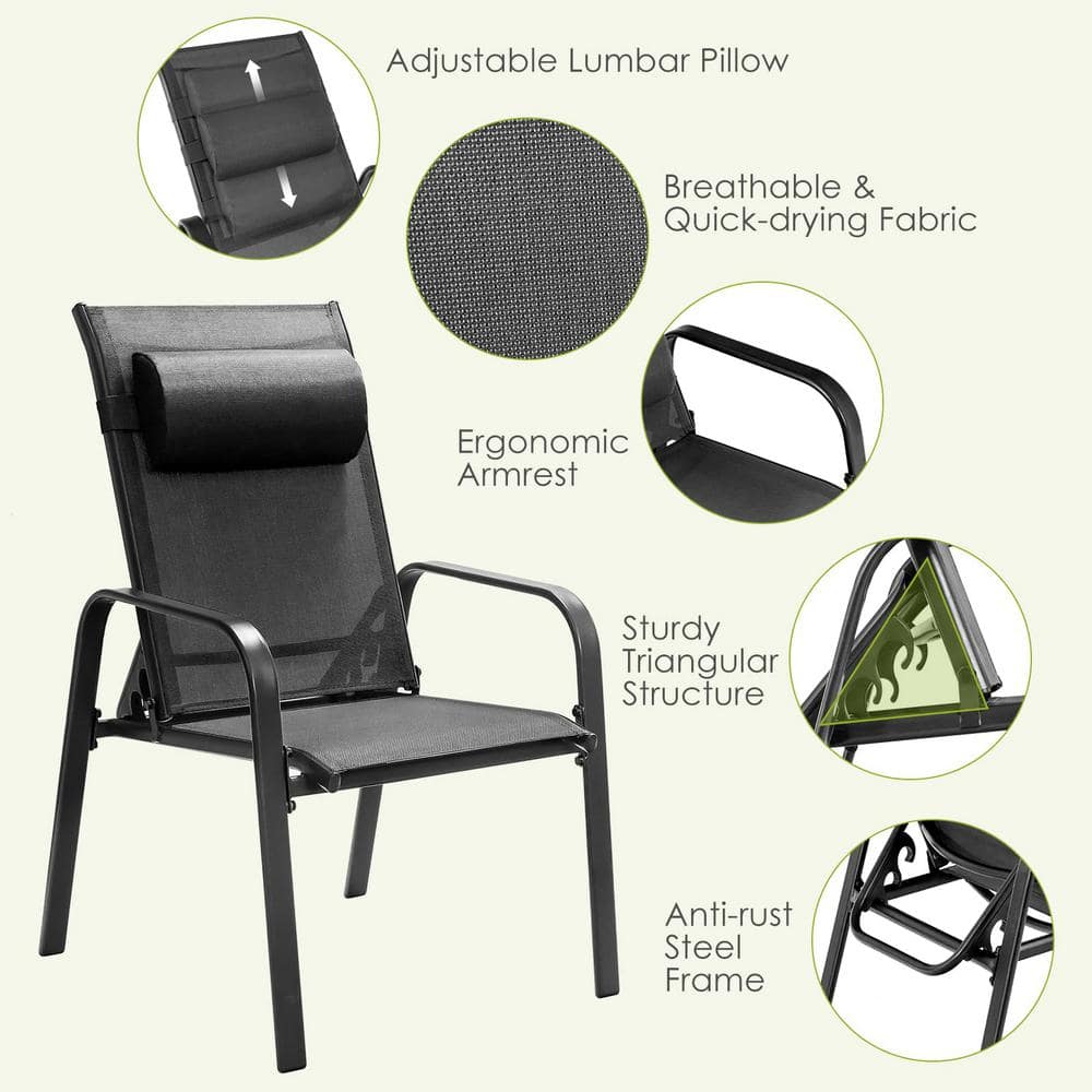 Black 3-Piece Metal Outdoor Bistro Set with Adjustable Backrest and Black Pillows