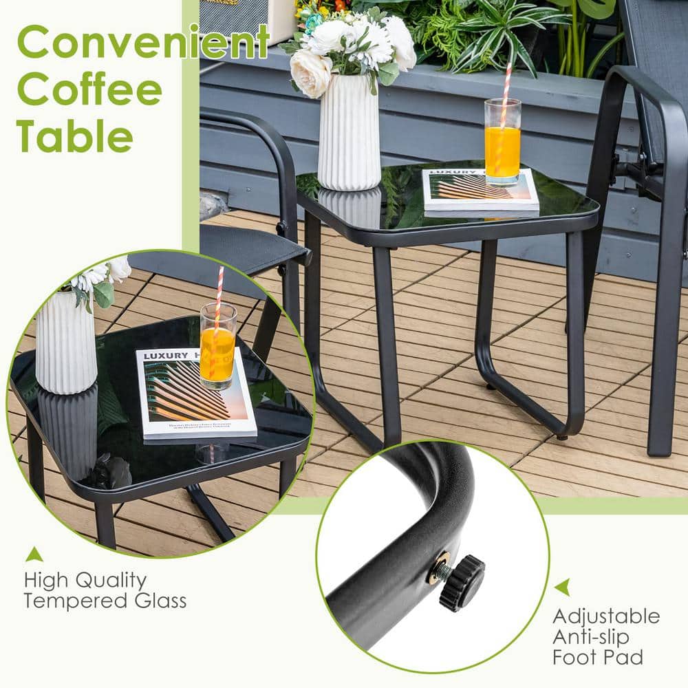 Black 3-Piece Metal Outdoor Bistro Set with Adjustable Backrest and Black Pillows