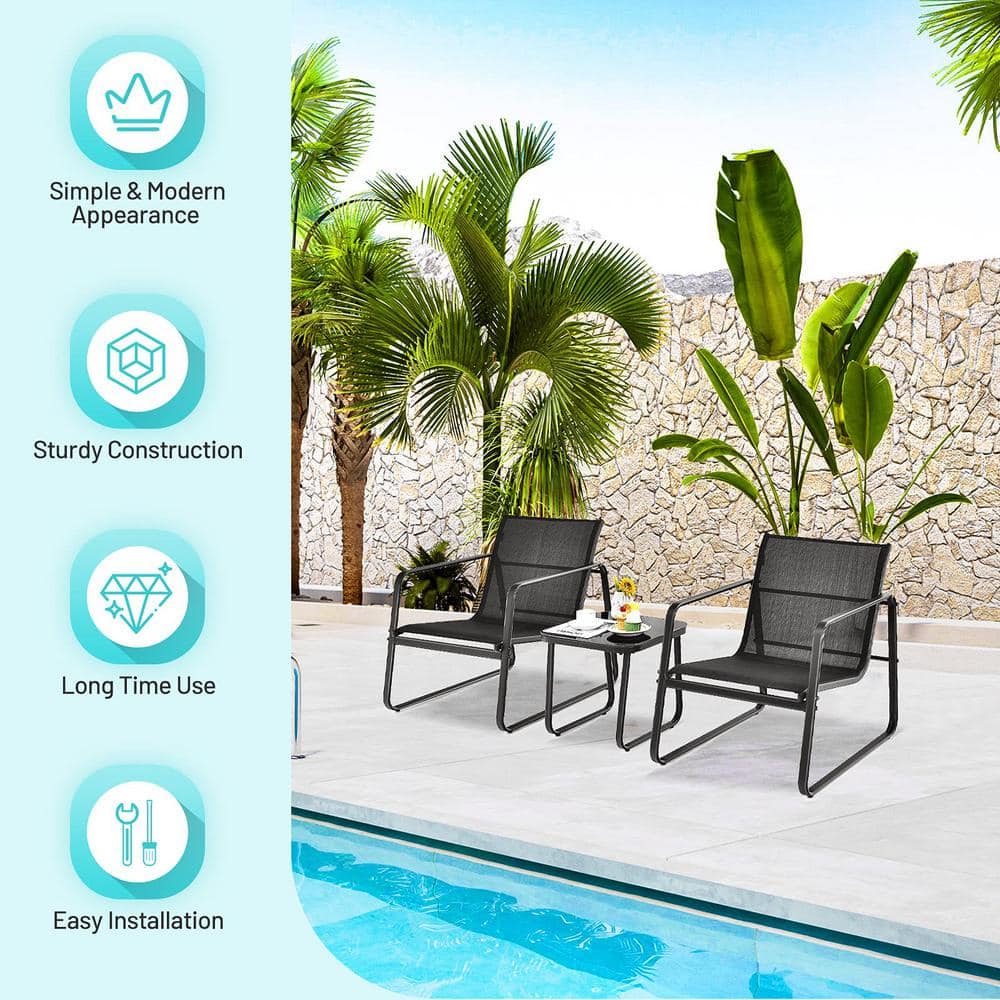 Black 3-Piece Metal Outdoor Bistro Set with Glass Top Table