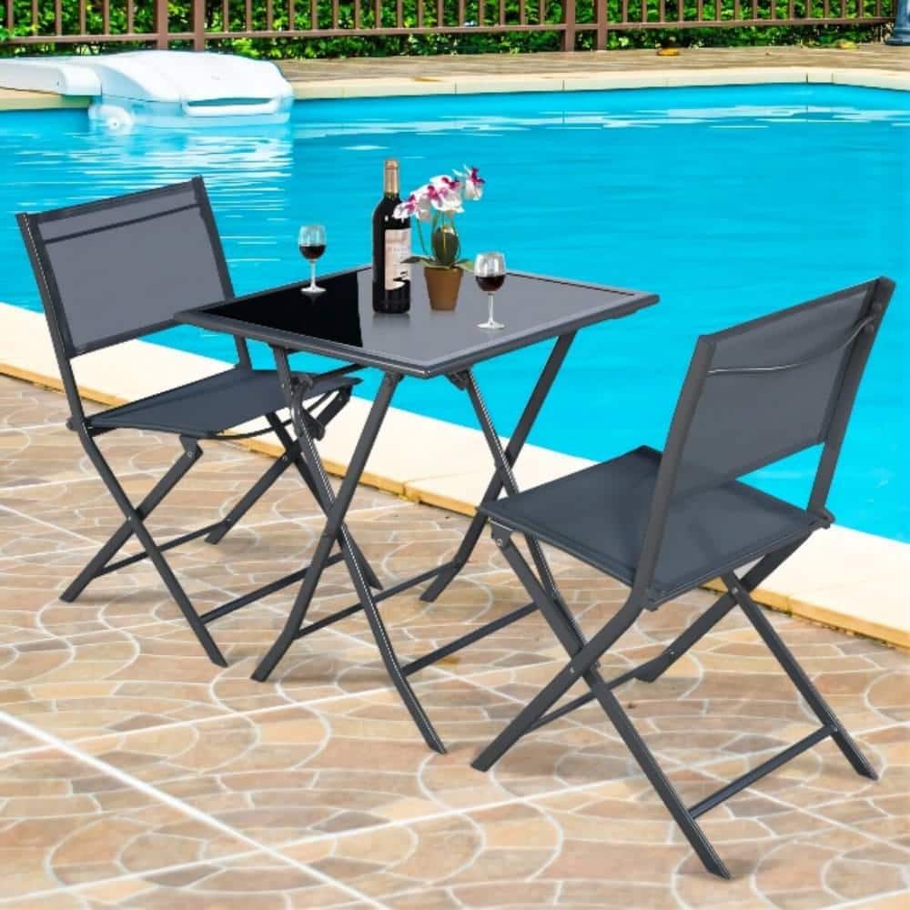 Dark Gray 3-Piece Metal Outdoor Patio Bistro Set with Coffee Table