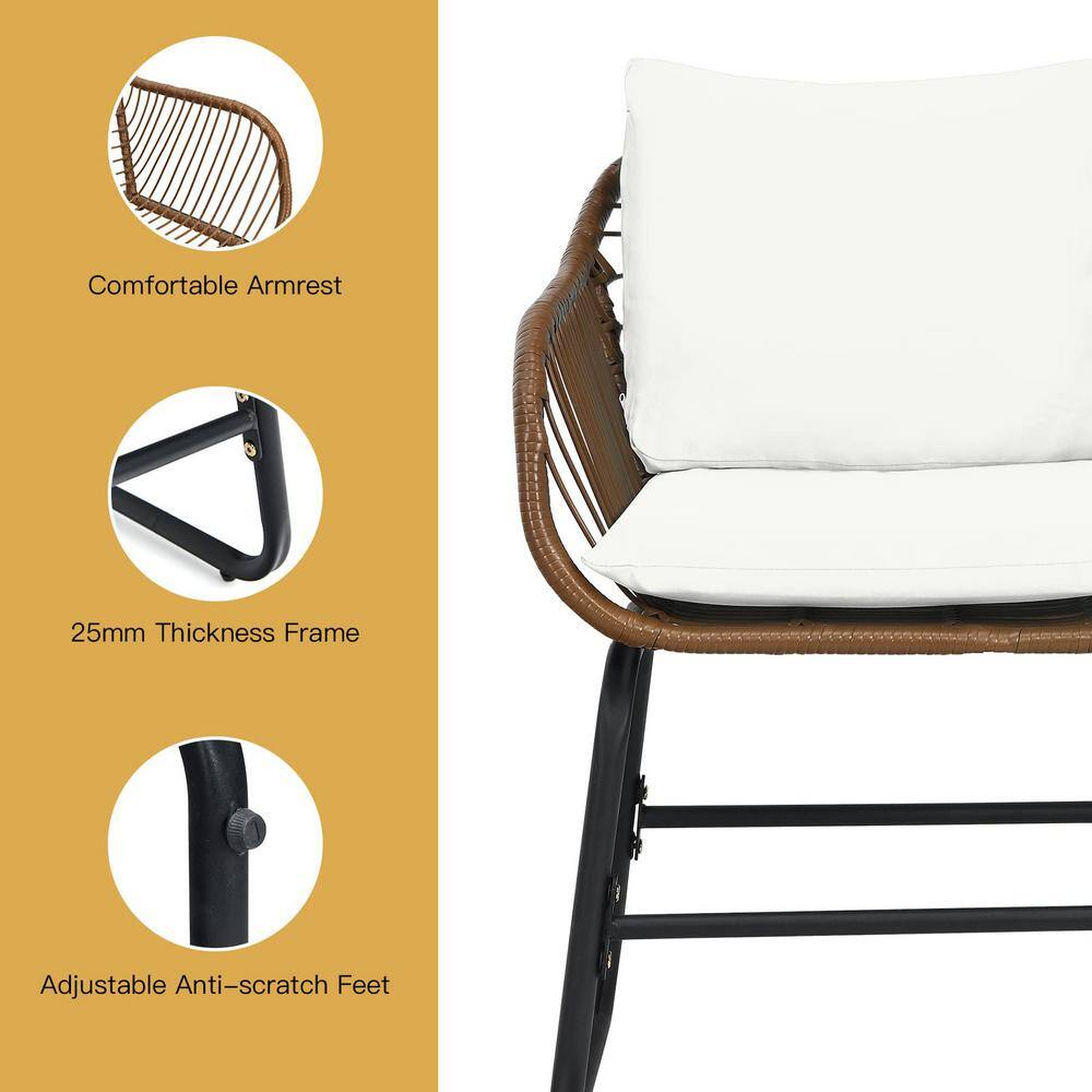 Brown 3-Piece Wicker Outdoor Bistro Set with White Cushions
