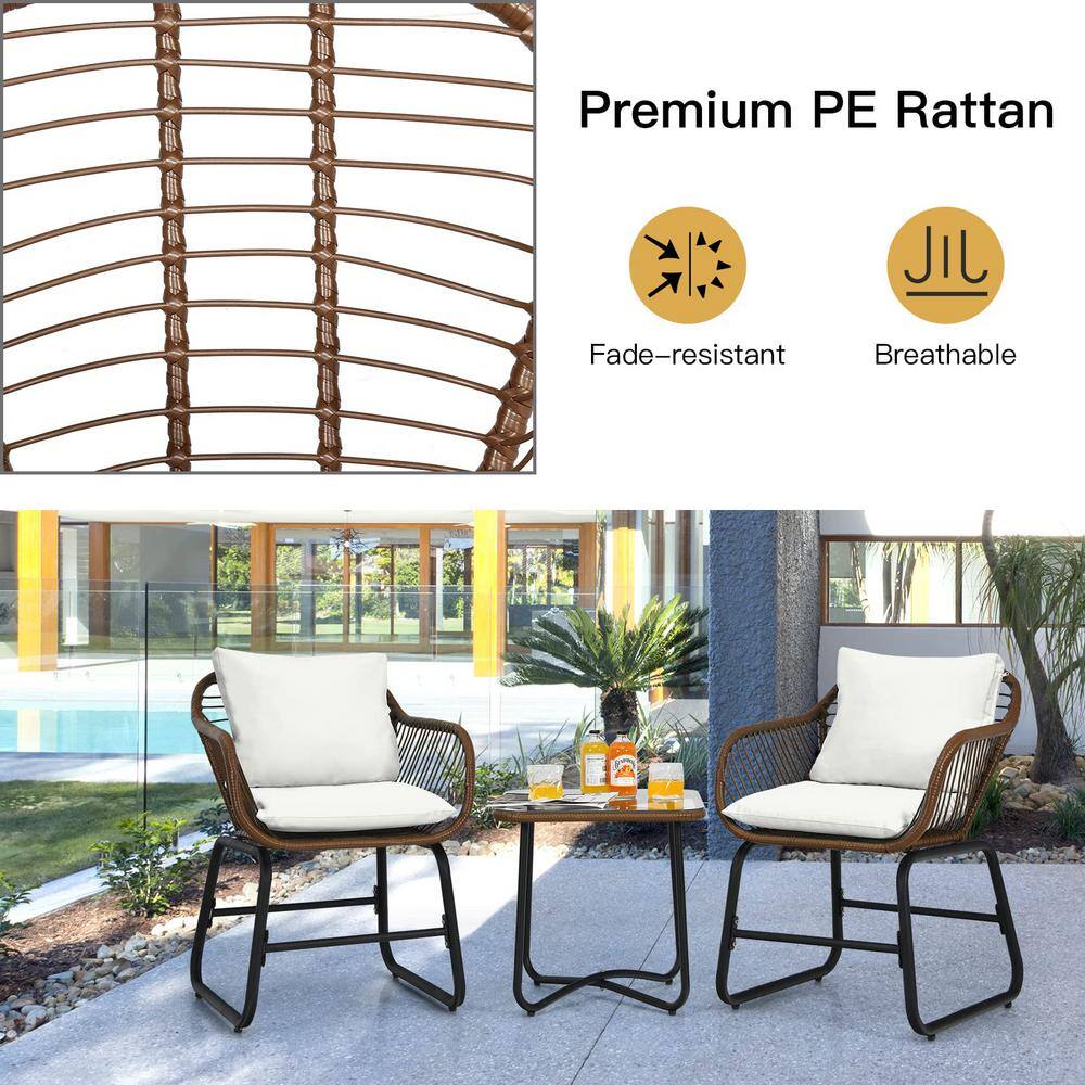 Brown 3-Piece Wicker Outdoor Bistro Set with White Cushions
