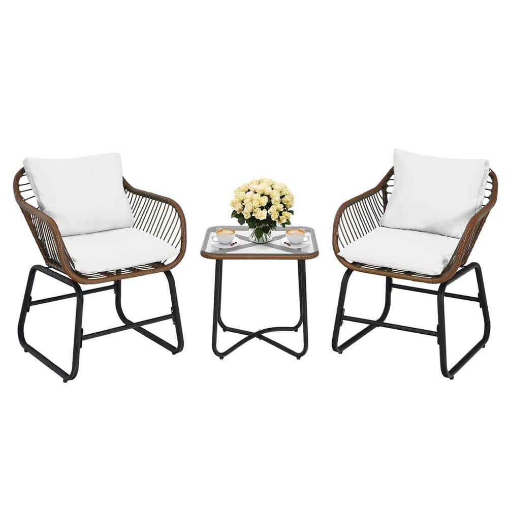 Brown 3-Piece Wicker Outdoor Bistro Set with White Cushions