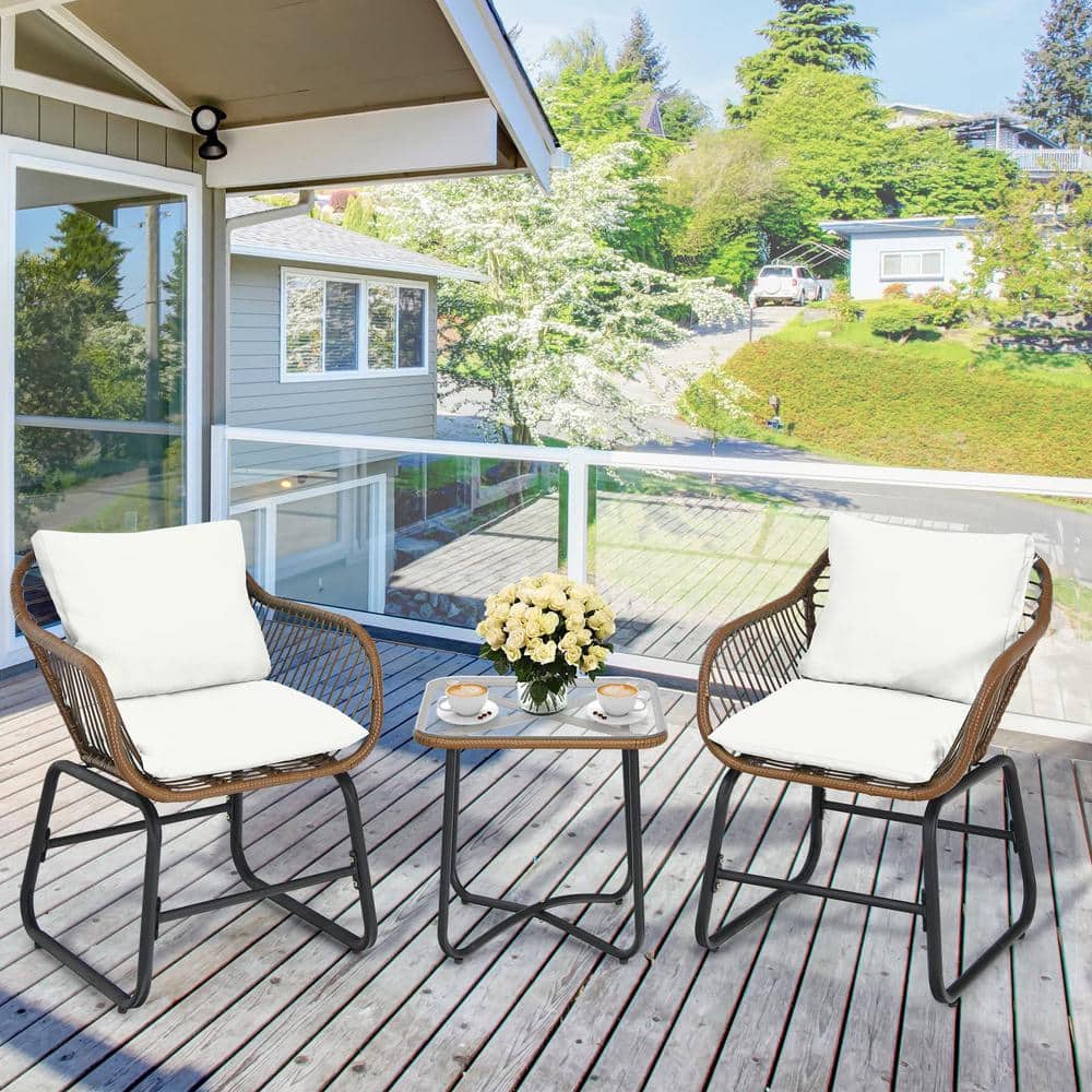 Brown 3-Piece Wicker Outdoor Bistro Set with White Cushions