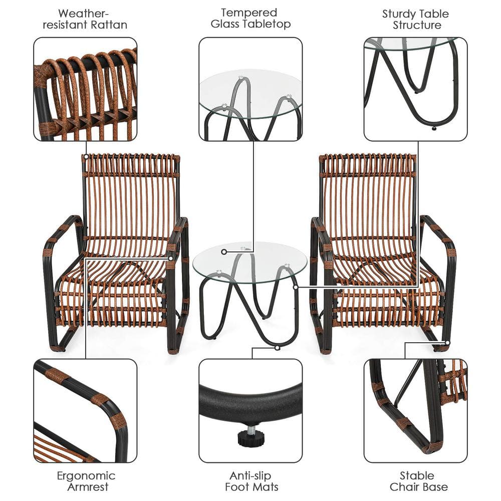Brown 3-Piece Wicker Outdoor Bistro Set with Glass Table