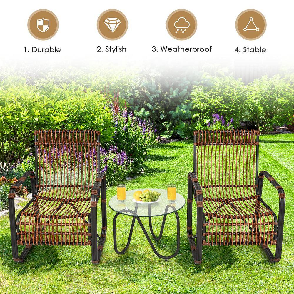 Brown 3-Piece Wicker Outdoor Bistro Set with Glass Table