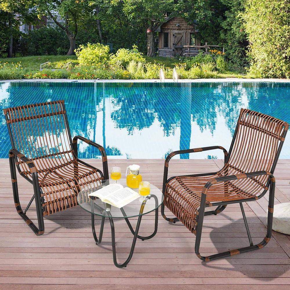 Brown 3-Piece Wicker Outdoor Bistro Set with Glass Table