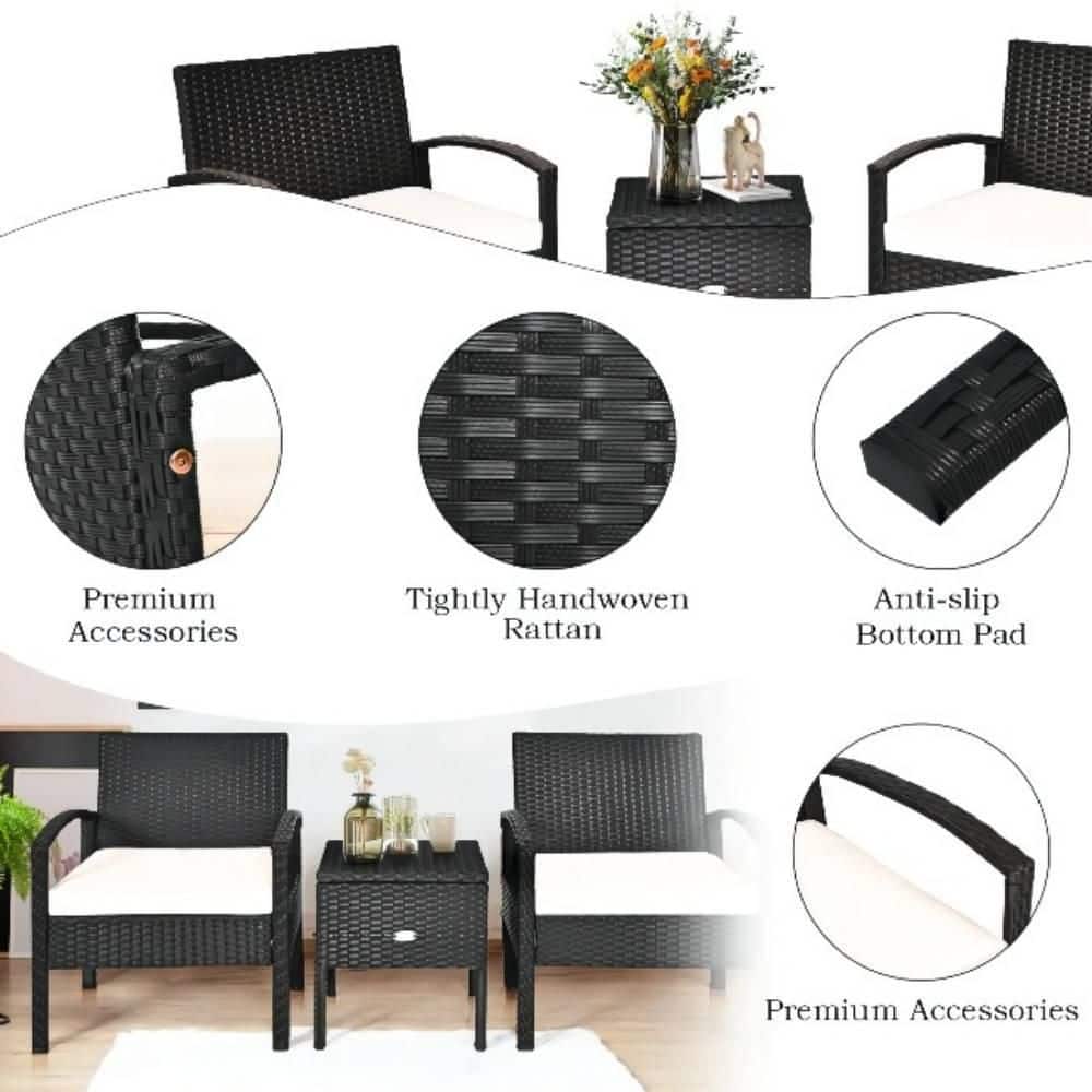 Black 3-Piece Wicker Outdoor Bistro Set with Beige Cushions