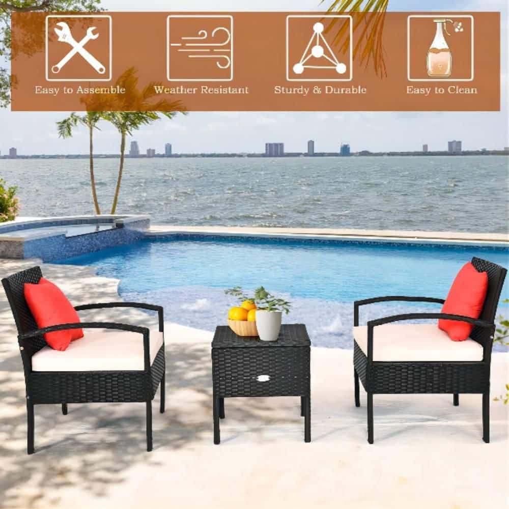 Black 3-Piece Wicker Outdoor Bistro Set with Beige Cushions