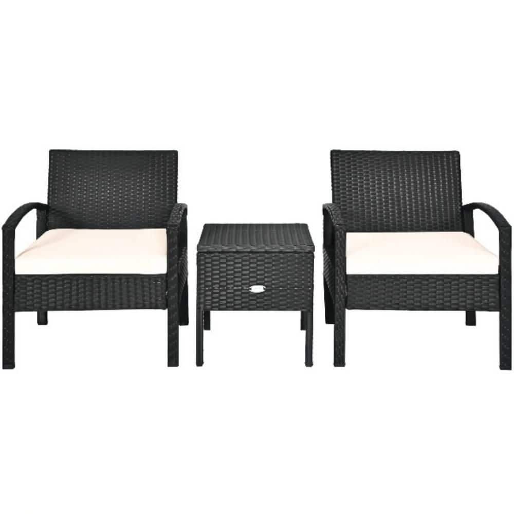 Black 3-Piece Wicker Outdoor Bistro Set with Beige Cushions