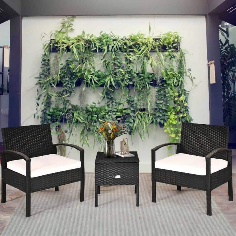 Black 3-Piece Wicker Outdoor Bistro Set with Beige Cushions