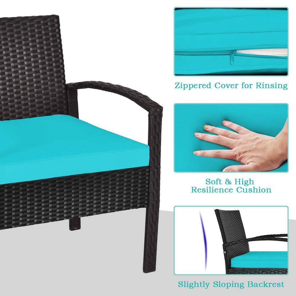 Black 3-Piece Wicker Outdoor Bistro Set with Turquoise Cushions