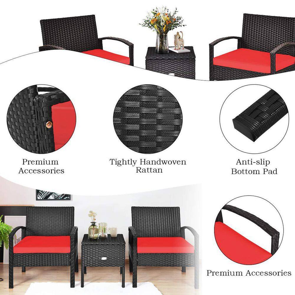 Black 3-Piece Wicker Outdoor Bistro Set with Red Cushions