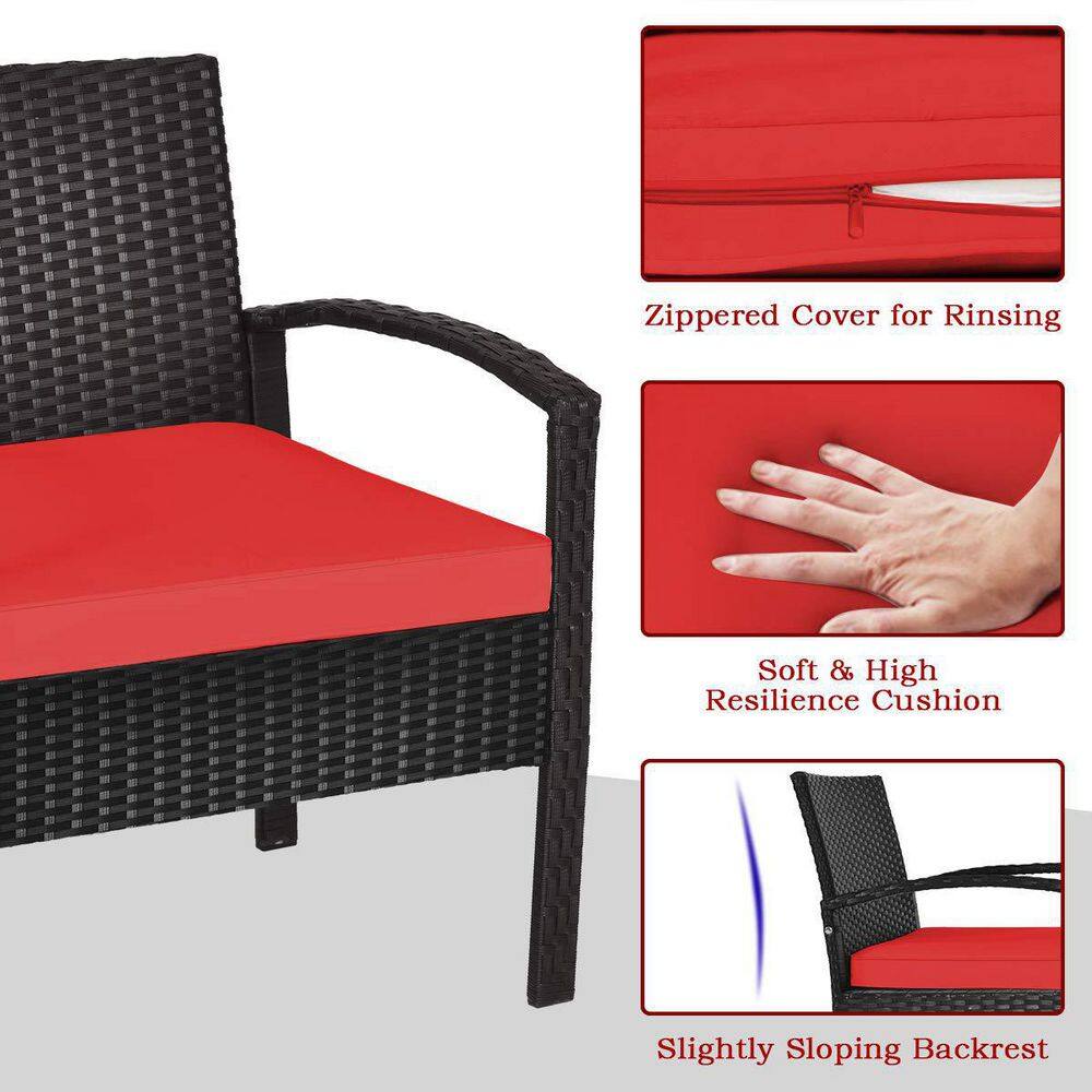 Black 3-Piece Wicker Outdoor Bistro Set with Red Cushions