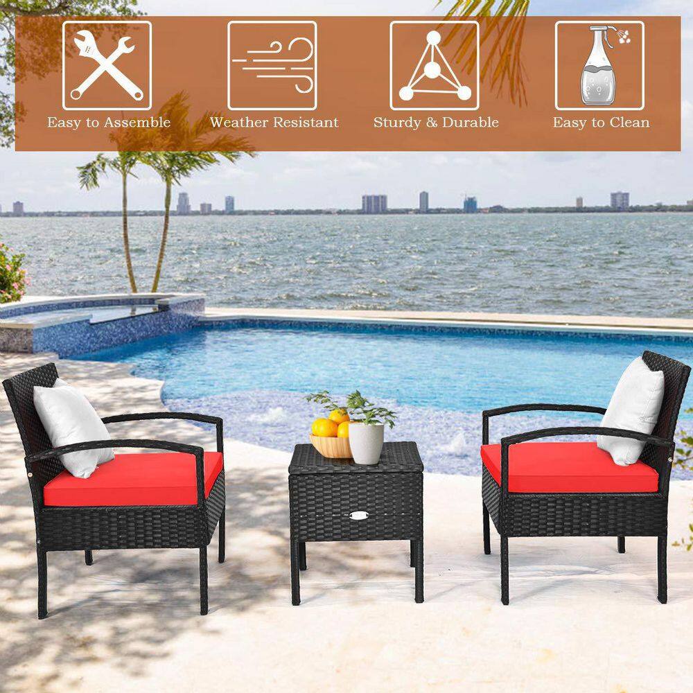 Black 3-Piece Wicker Outdoor Bistro Set with Red Cushions