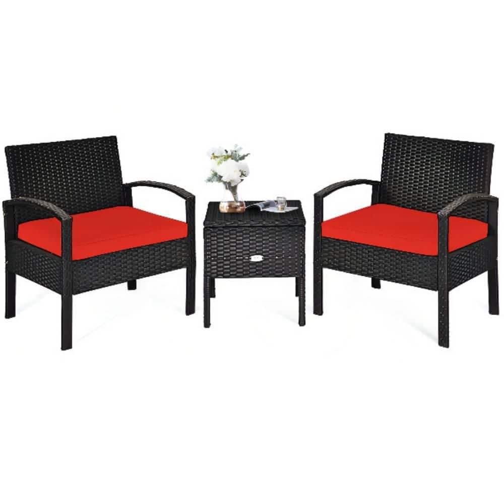Black 3-Piece Wicker Outdoor Bistro Set with Red Cushions
