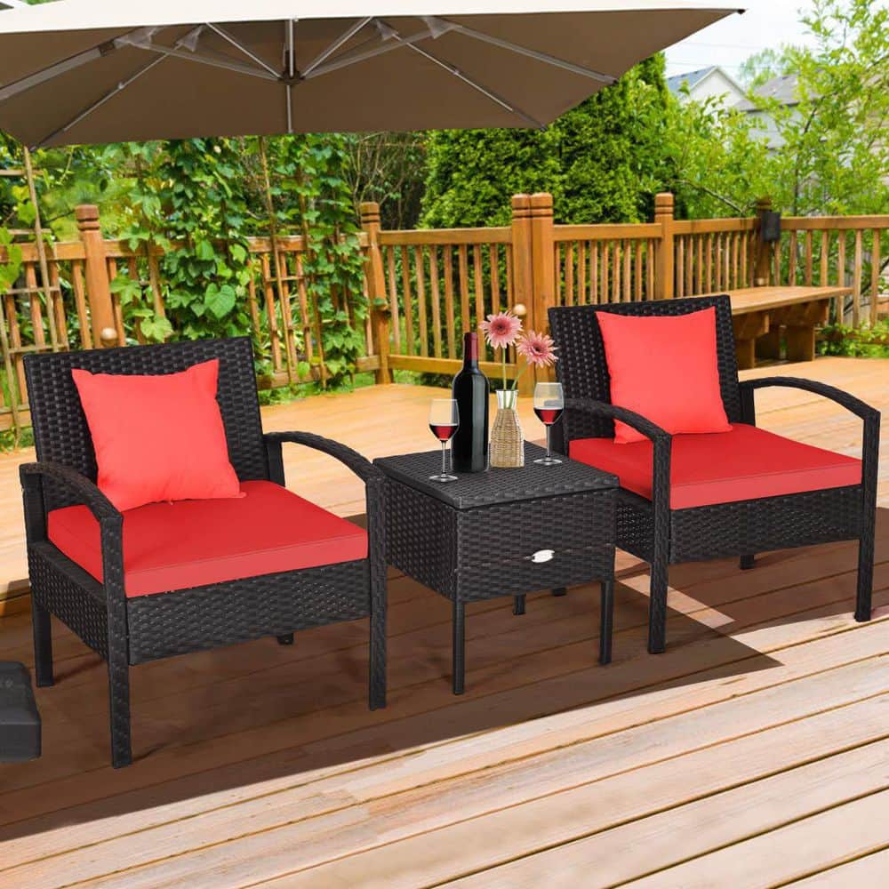 Black 3-Piece Wicker Outdoor Bistro Set with Red Cushions