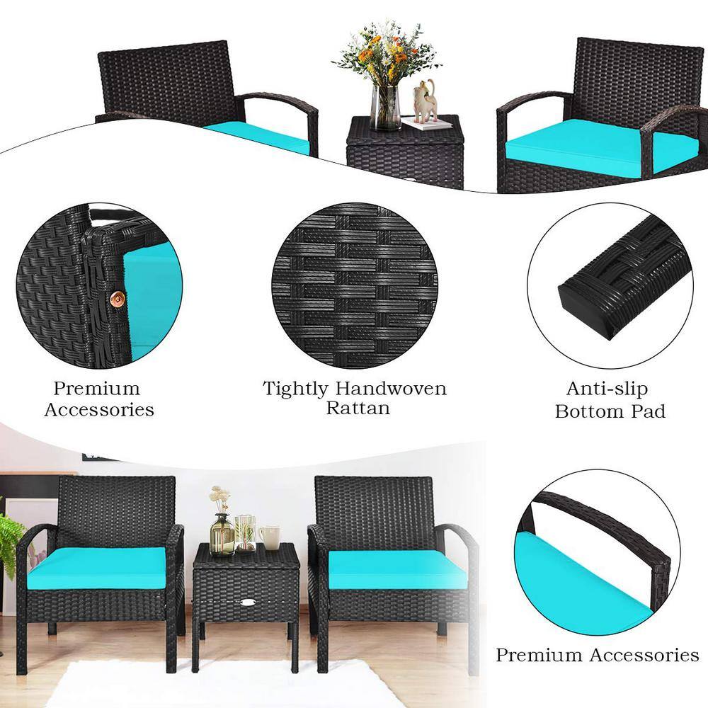 Black 3-Piece Wicker Outdoor Bistro Set with Turquoise Cushions