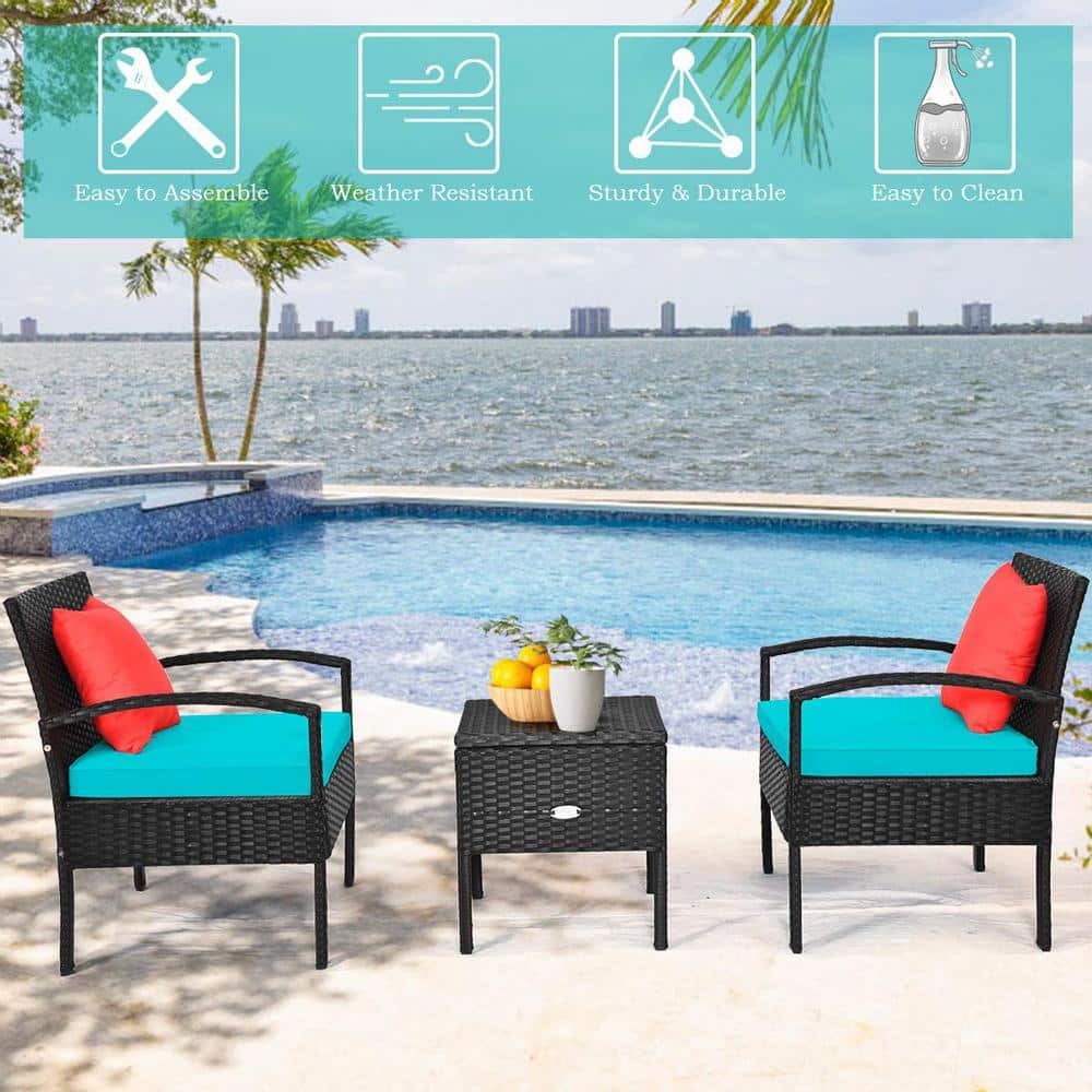 Black 3-Piece Wicker Outdoor Bistro Set with Turquoise Cushions