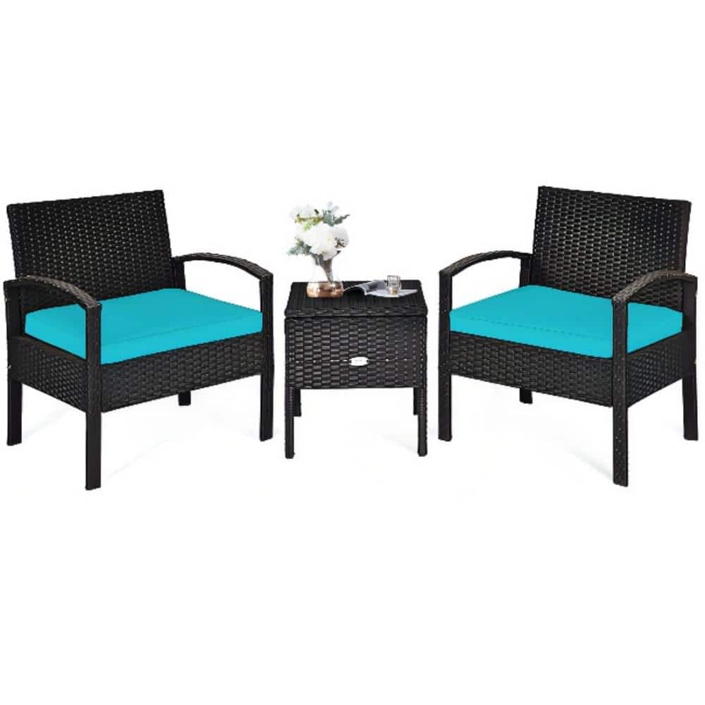 Black 3-Piece Wicker Outdoor Bistro Set with Turquoise Cushions
