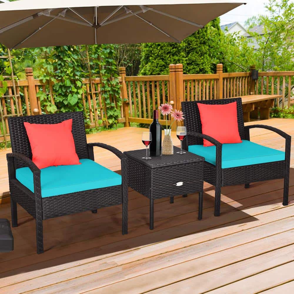 Black 3-Piece Wicker Outdoor Bistro Set with Turquoise Cushions