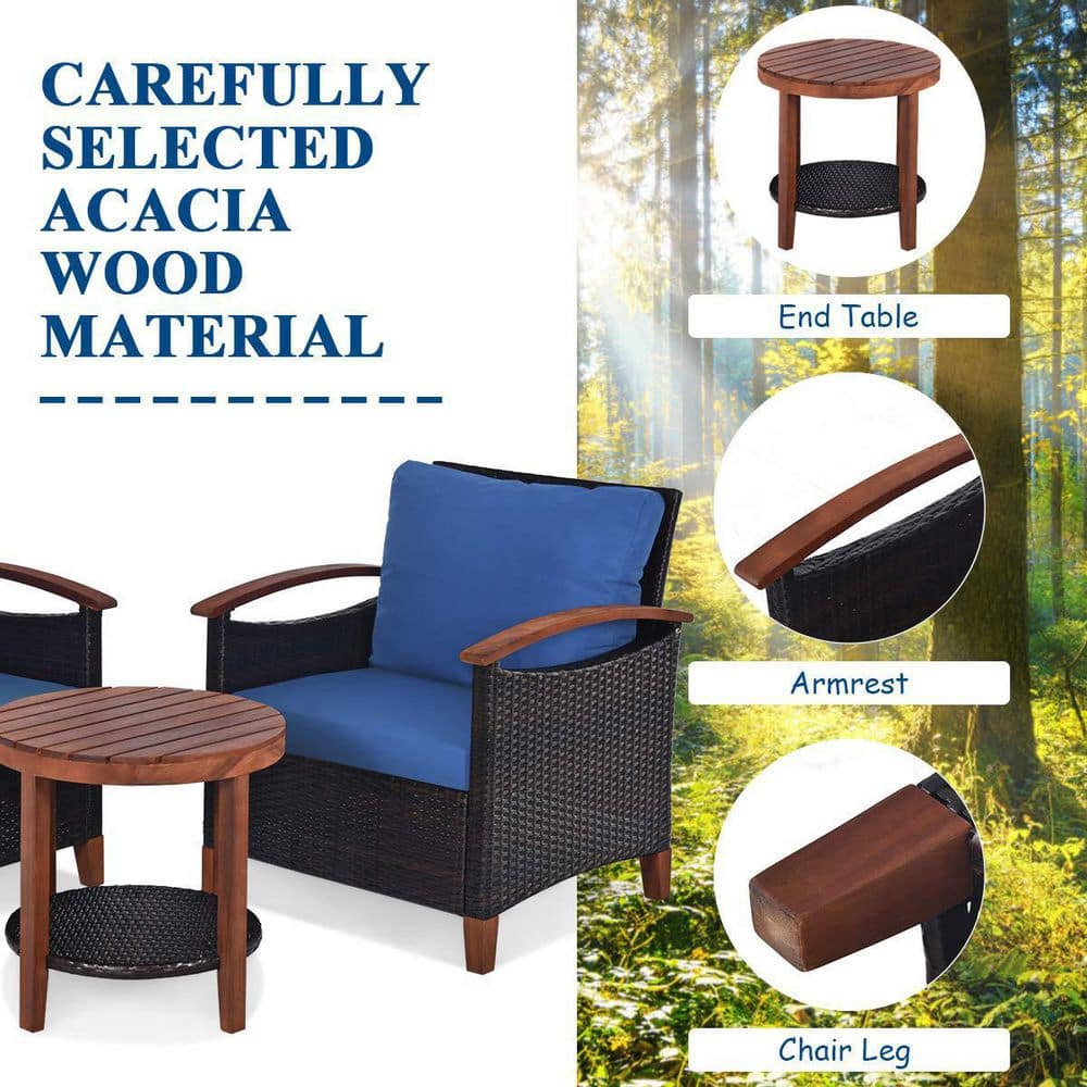 3-Piece Wicker Outdoor Bistro Set with Blue Cushions