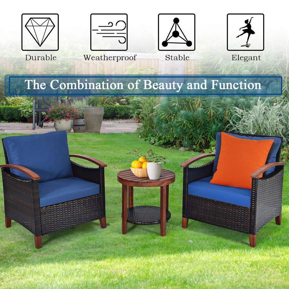 3-Piece Wicker Outdoor Bistro Set with Blue Cushions