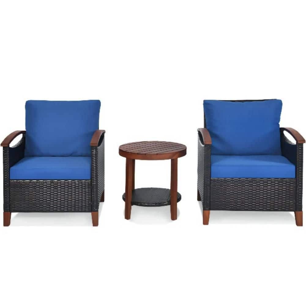 3-Piece Wicker Outdoor Bistro Set with Blue Cushions