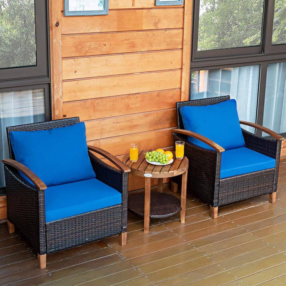 3-Piece Wicker Outdoor Bistro Set with Blue Cushions